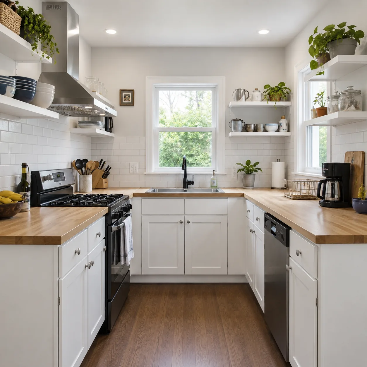 Original kitchen with white cabinets and white open shelving before a custom update