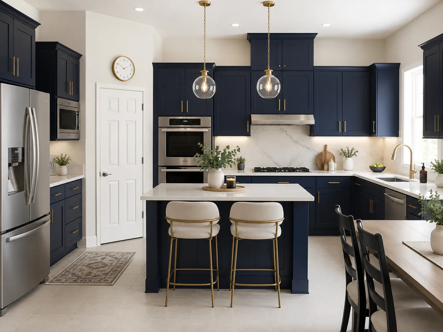 AI visualization of a navy and brass kitchen remodel