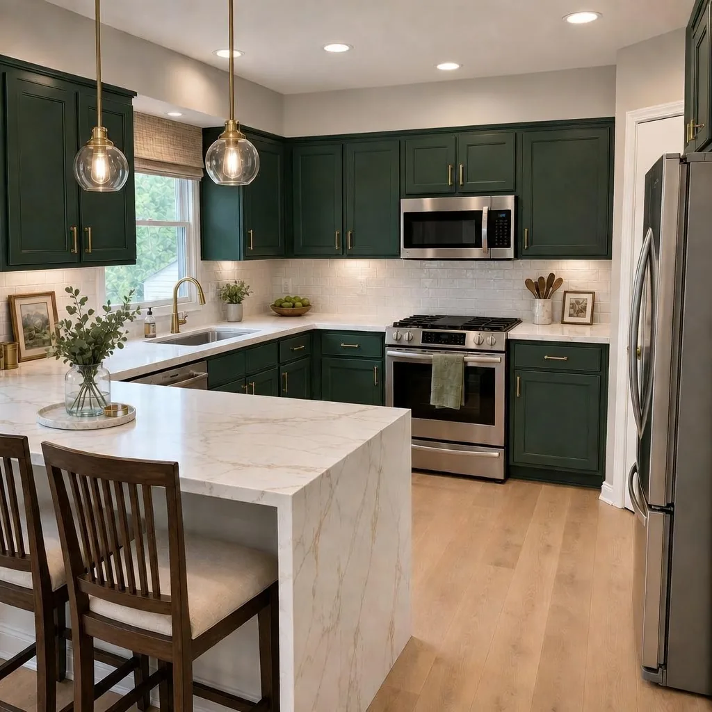 AI visualization of an emerald and brass kitchen design